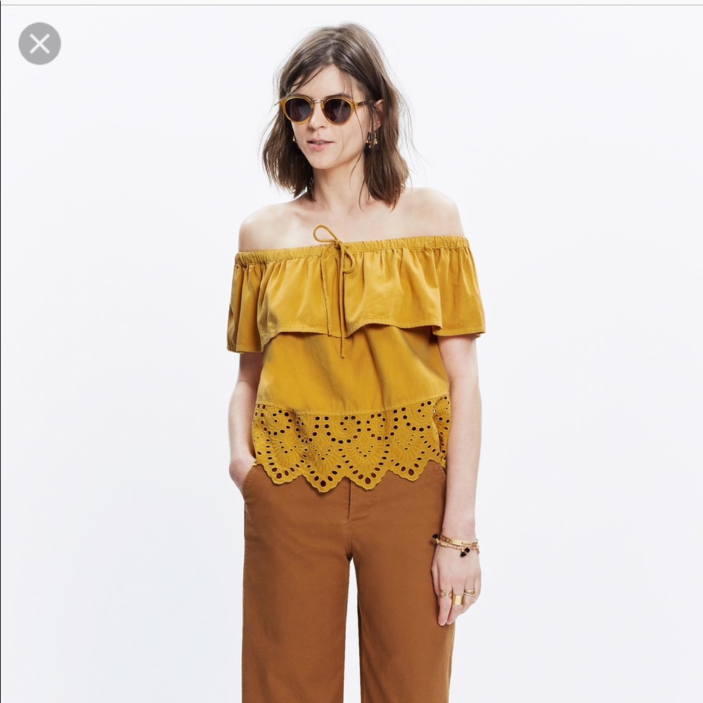 Madewell Off The Shoulder eyelet Mustard Top